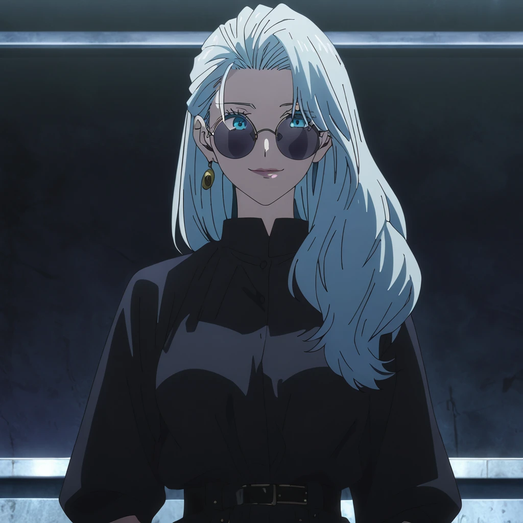 1girl, female gojo satoru, anime screencap from jujutsu kaisen, gojo satoru female version, solo, long_hair, ((Blue eyes, round sunglasses)) ((Silver_hair, hair over ear from one side))((slicked hair)) , night view, (hanging breasts) upper_body, smile, indoors, lips, (long hair) ((wearing black colour outfit, glossy)) breast, "very detailed and high resolution" (Blue eyes, round sunglasses) ((solo)) (((front view))) (earings) ((high resolution)) ((good quality)) ((silky hair, hair over ear from one side))((hair slicked)) ((shy)) ((full body))
