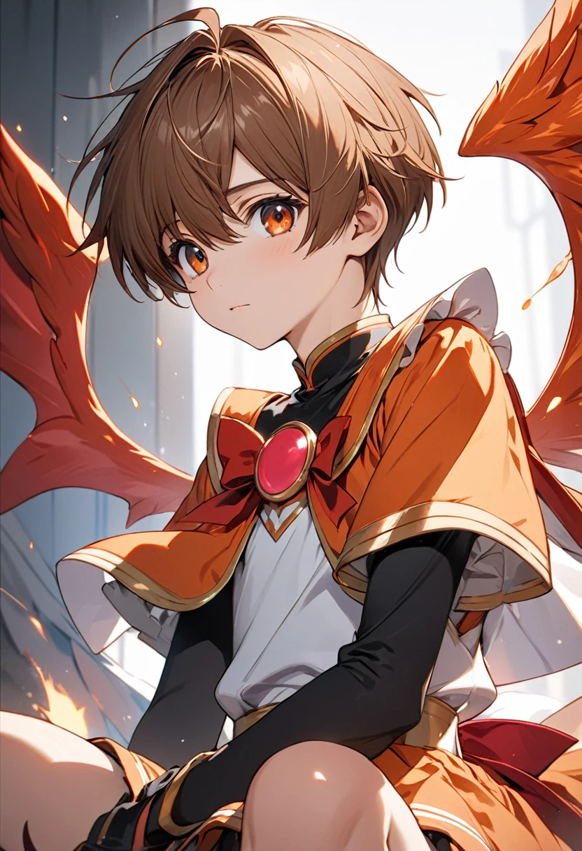 ((masterpiece)), ((Highest quality)), ((High resolution)), ((In detail)),((Highest quality, 8k, masterpiece)), solo boy, syaoran li, cardcaptor sakura anime, short chestnut hair, large ember eyes,