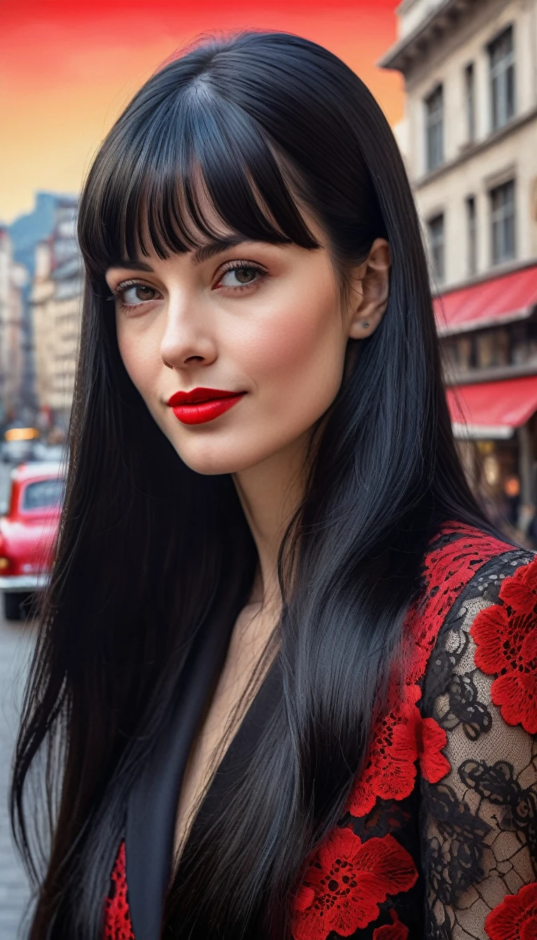High-quality realistic acrylic art, vivid colors, lateral point of view, a beautiful vintage european woman with long black straight hair, bangs, looking at the viewer with suspicious face and a shy smile, red lips, she wears vintage black lace suit, lace gloves, big city background