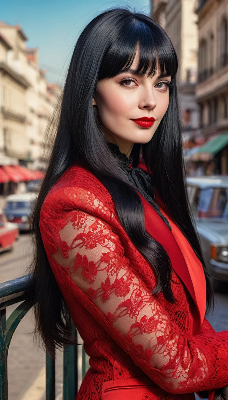 High-quality realistic acrylic art, vivid colors, lateral point of view, a beautiful vintage european woman with long black straight hair, bangs, looking at the viewer with suspicious face and a shy smile, red lips, she wears vintage black lace suit, lace gloves, big city background