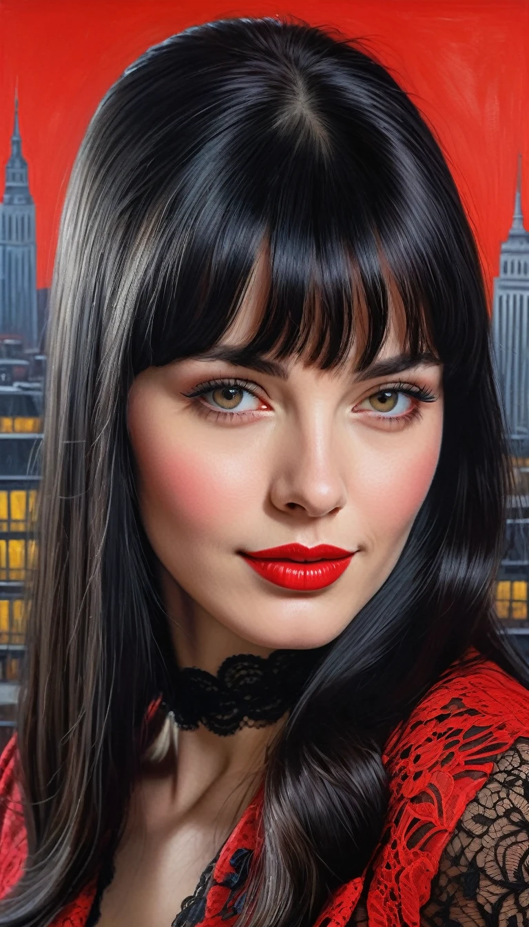 High-quality realistic acrylic art, vivid colors, lateral point of view, a beautiful vintage european woman with long black straight hair, bangs, looking at the viewer with suspicious face and a shy smile, red lips, she wears vintage black lace suit, lace gloves, big city background