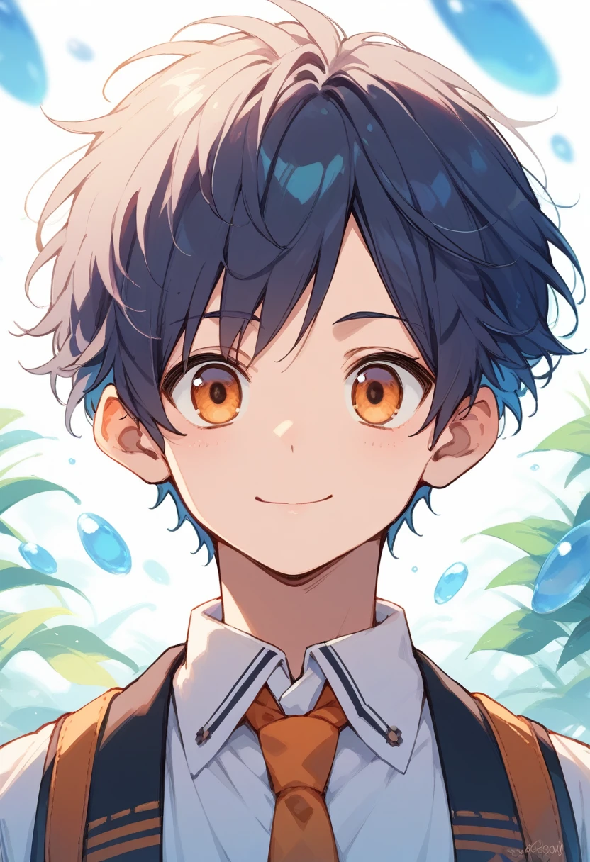 (score_9,score_8_up,score_7_up,score_6_up,score_5_up,score_4_up, source_anime), 8k, best quality, best lighting, BREAK, 1man, 27 yo, toned, male face, male eyes, male focus, navy hair, orange eyes, (smile: 0.7), dress shirt, necktie, wide shot, very short hair, ((round face)), (forehead: 0.5)