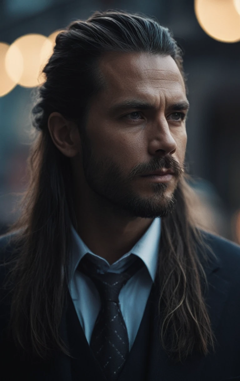 + cinematic photo dark photo of portrait of strong looking man with long tied hair, 35mm cinematic, film, bokeh, professional, 4k, highly detailed, 35mm photograph, film, bokeh, professional, 4k, highly detailed