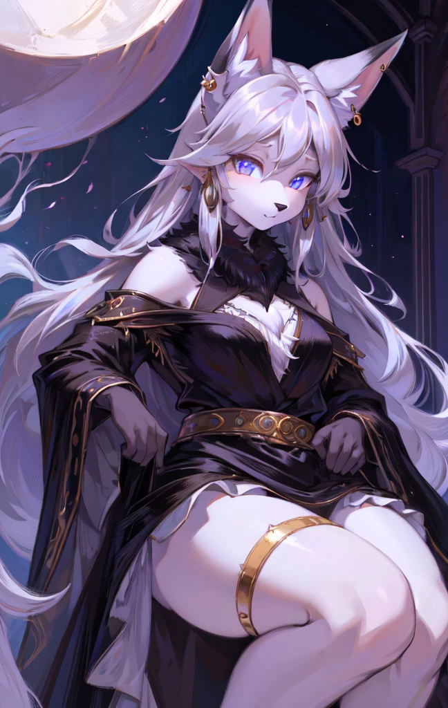 cute,furry_girl,hellhound_girl,Elegant figure,Model's body_type,detailed_eyes,silver_hair,cute_ears,wolf_ears,black robe,fluffy_furs,earrings,stocking with garterbelt,neck garter,(perfect detailed eyes:1.5),(front:1.5),(furry:1.5),long lashes,flowy chiffon,(thick thighs:1.1),perfectly high-detail facial features,silky long hair,masterpiece, best quality, Ultra-high quality, Ridiculous details,(best quality,4k,8k,highres,masterpiece:1.2),ultra-detailed