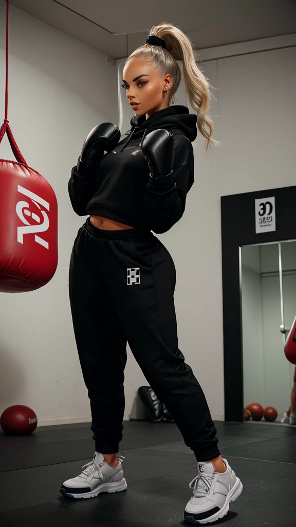 Alisha Lehmann skinny sexy model,She is wearing big oversized baggy black hoodie covering her breasts and big high waist oversized big baggy black sweatpants boxing gloves,in a gym she has small sexy breasts,skinny sexy thighs black hair ponytail with bangs,big silver hooves earrings black gloves, sneakers ,full body view, walking black hair skinny girl oversized big hoodie, oversized big sweatpants boxing gloves, punching gloves  looking into the camera 