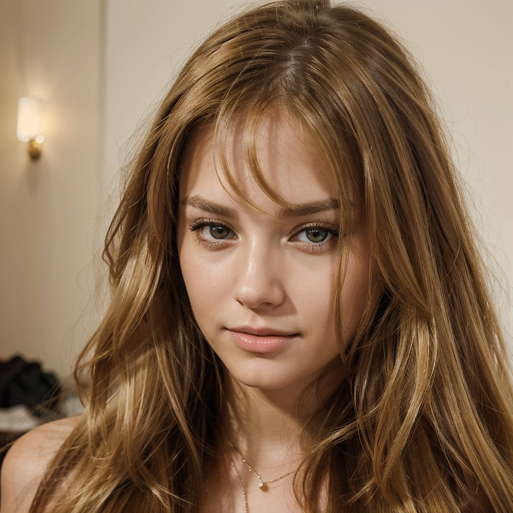 Vibrant, high-resolution portrait of a woman with beautiful long blonde hair, styled straight and falling just behind her shoulders. She has brown eyes. She is at a party, she has a unique beauty, a calm and confident face, makes the image very realistic