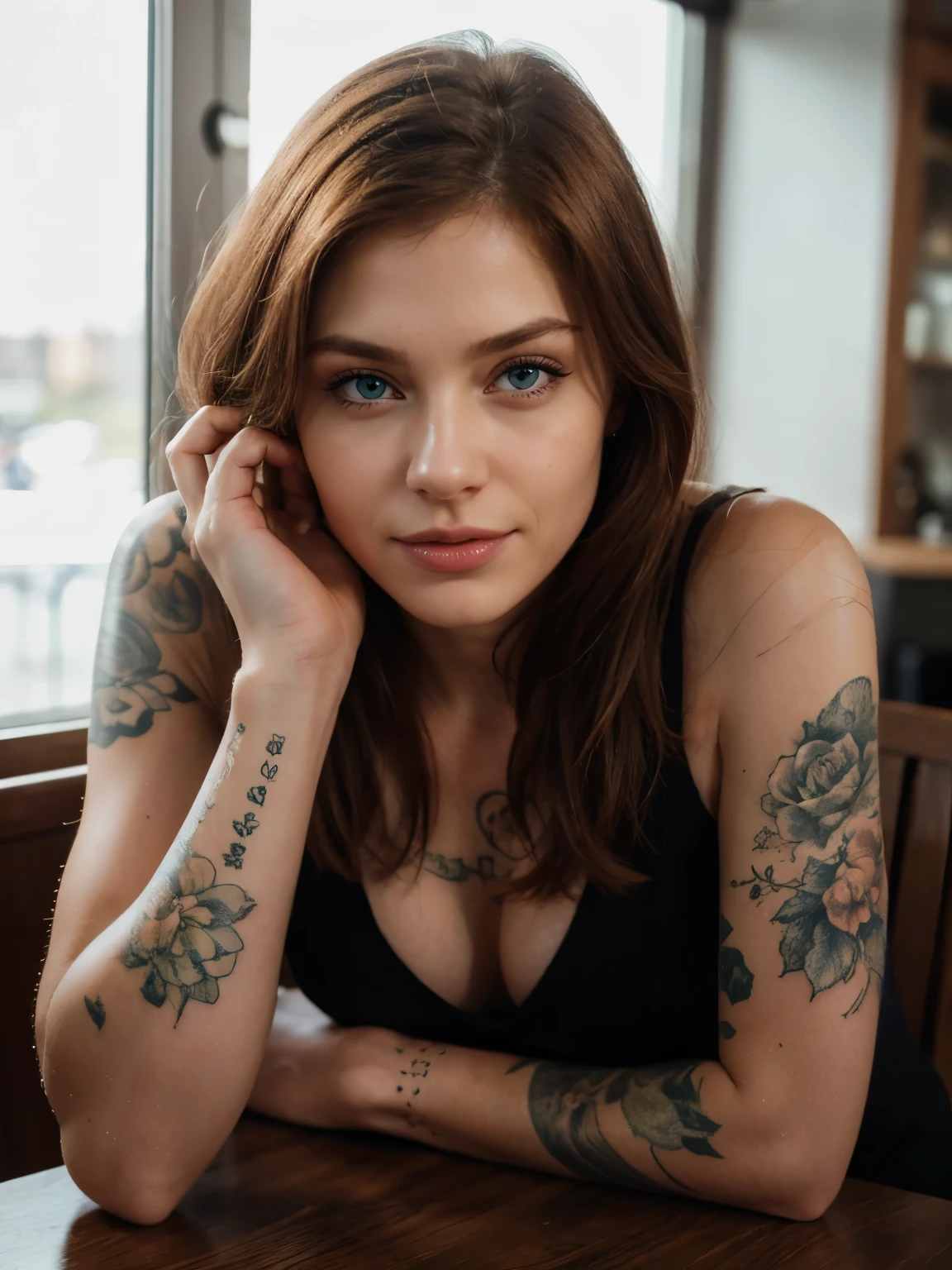 (realistic,tattooed,ginger:1.1)detailed girl(realistic, photorealistic:1.37),straight hair,detailed eyes, exposed and detailed arms, blue eyes (best quality,4k,8k,highres,masterpiece:1.2),wearing a dress,fine lines tattooed on both arms, sitting in a snack bar,hands on the table,lit by warm golden light,smiling face,relaxed pose,delicate facial features.