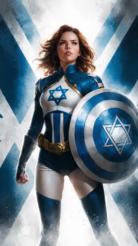 A stunning cinematic illustration of Marvel's female superhero, Captain Israel, standing tall and proud. She wears a blue and white costume, with a round shield emblazoned with the iconic Star of David. Her chest is adorned with the same symbol, and her shield is surrounded by blue stripes. Her expression is fierce and determined, radiating strength and courage. The background is a dramatic blend of blues and whites, creating a sense of action and adventure., illustration, poster, cinematic
