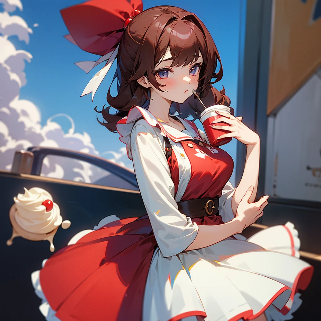 A anime girl who is hair colour is dark brown and she wears cherry accessories and she wear pancake dress and she hold a cup and add whipped cream