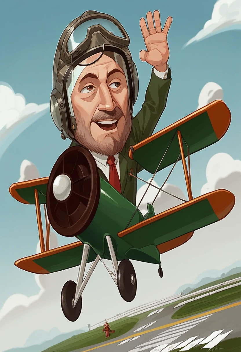 cartoon illustration of andres manuel lopez obrador is flying an old biplane with 4 propellers, while his eyes are looking to the camera and waving a hand , below him there is a a control tower and a runway both visible in the scene. Andres Manuel Lopez Obrador looks like a man in his mid sixties, fully shaved no beard or mustache, he is wearing a helmet with googles, he wears a green suit with white shirt and red tie. The control tower must be attached, The Control Tower of Aeropuerto Internacional Felipe Angeles, is rendered in exquisite detail, showcasing the modern architectural polygons in its vibrant surroundings. The tower displays black metal polygons that remind of an olympic torch, with the control chamber on top looking like a polygonal circle. 3d cartoon style.