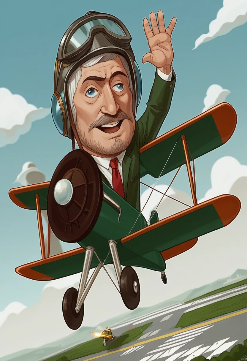 cartoon illustration of andres manuel lopez obrador is flying an old biplane with 4 propellers, while his eyes are looking to the camera and waving a hand , below him there is a a control tower and a runway both visible in the scene. Andres Manuel Lopez Obrador looks like a man in his mid sixties, fully shaved no beard or mustache, he is wearing a helmet with googles, he wears a green suit with white shirt and red tie. The control tower must be attached, The Control Tower of Aeropuerto Internacional Felipe Angeles, is rendered in exquisite detail, showcasing the modern architectural polygons in its vibrant surroundings. The tower displays black metal polygons that remind of an olympic torch, with the control chamber on top looking like a polygonal circle. 3d cartoon style.
