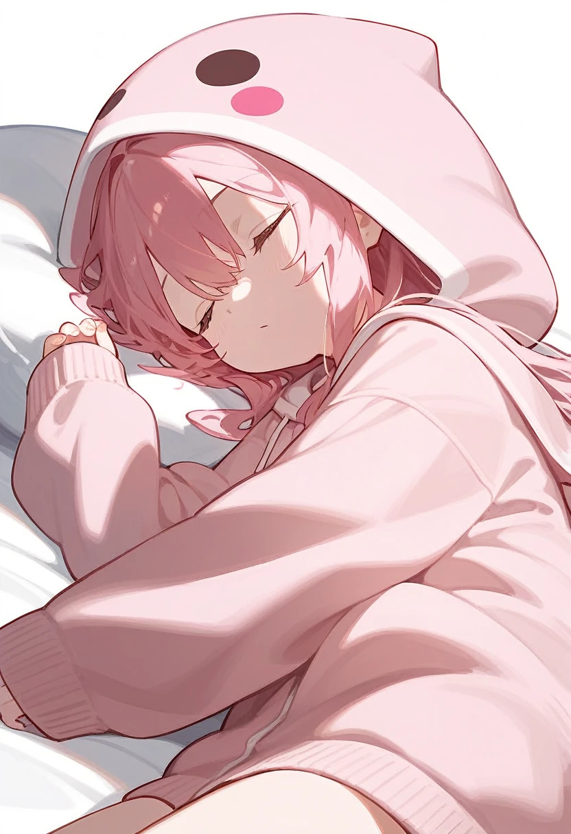 score_9,score_8_superior,score_7_superior,One girl,Pink Hair,alone,hood chibi,bangs,sleep,布団でsleep,sleeping,hoodie,Wearing a hood,Long sleeve,Hair between the eyes,Sleeves are longer than your fingers,white background,