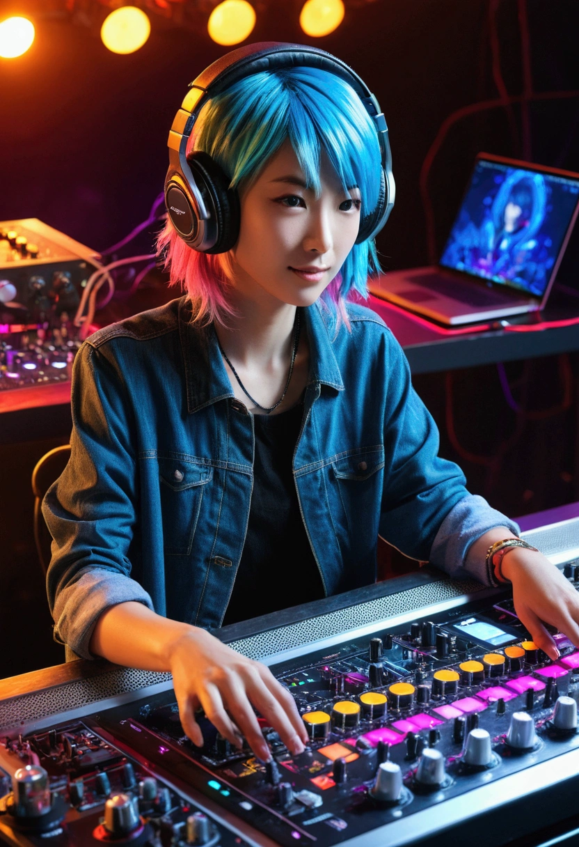 (masterpiece、top-quality、8K )、Bird View、Overhead view camera work、Anime slender with colorful hair and headphones sitting at inorganic table on laptop, creature,Lightning, Neon rays, Beauty, Futuristic modern, Rock star, lock, urgent, Perfect, epicd, Bright colors, Volume Lighting, Best Shadows, Shallow depth of field, (of the highest quality, Amazing details: 1,25), Brilliant Colorful Paintings, Fancy, Magic, flicker, Glare, Neon Garland,intricate detailes,ultra-detailliert、one girls、Grinning 、(Live Stage:1.3),(turntable、Mixing Machine、Sampling Machine、Rhythm Box、mixer,synthesizer、Monitors:1.2),Stage Live Background、Spotlight from behind、Hyper realistic,Perfect Anatomy、lightblue hair, woman dj white thanktop