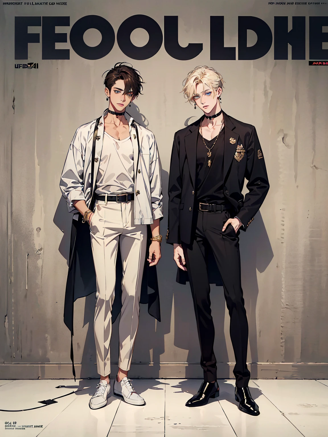 ((full body: 2)), ((UHD, masterpiece, super detail, best quality, highres, 8k)), (detailed line art), perfect face, perfect body, perfect hands, perfect feet. 

(Humans, around 20 years old, (2 males: 2.0), male idols, (simple background, magazine cover style: 1.5).)

Features of the first person : gentle atmosphere, standing on the right side, looking this way (light brown hair close to gold, upturned eyebrows, droopy eyes, light blue eyes, thin lips), (male idol style clothing, white top, shirt with exposed collarbone, fluffy shirt, ribbon decoration, white pants, high-waisted pants, white belt, white shoes), (ribbon choker, white choker), (angelic atmosphere: 0.5), (facing forward).

Features of the second person : cool atmosphere, standing on the left side, looking this way (black hair upturned eyebrows, upturned eyes, light blue eyes, thin lips), (male idol style clothing, black top, high-neck shirt, short jacket, neat jacket, belt decoration, black pants, black belt, black shoes, black earrings), (devilish atmosphere: 0.5), (facing forward).