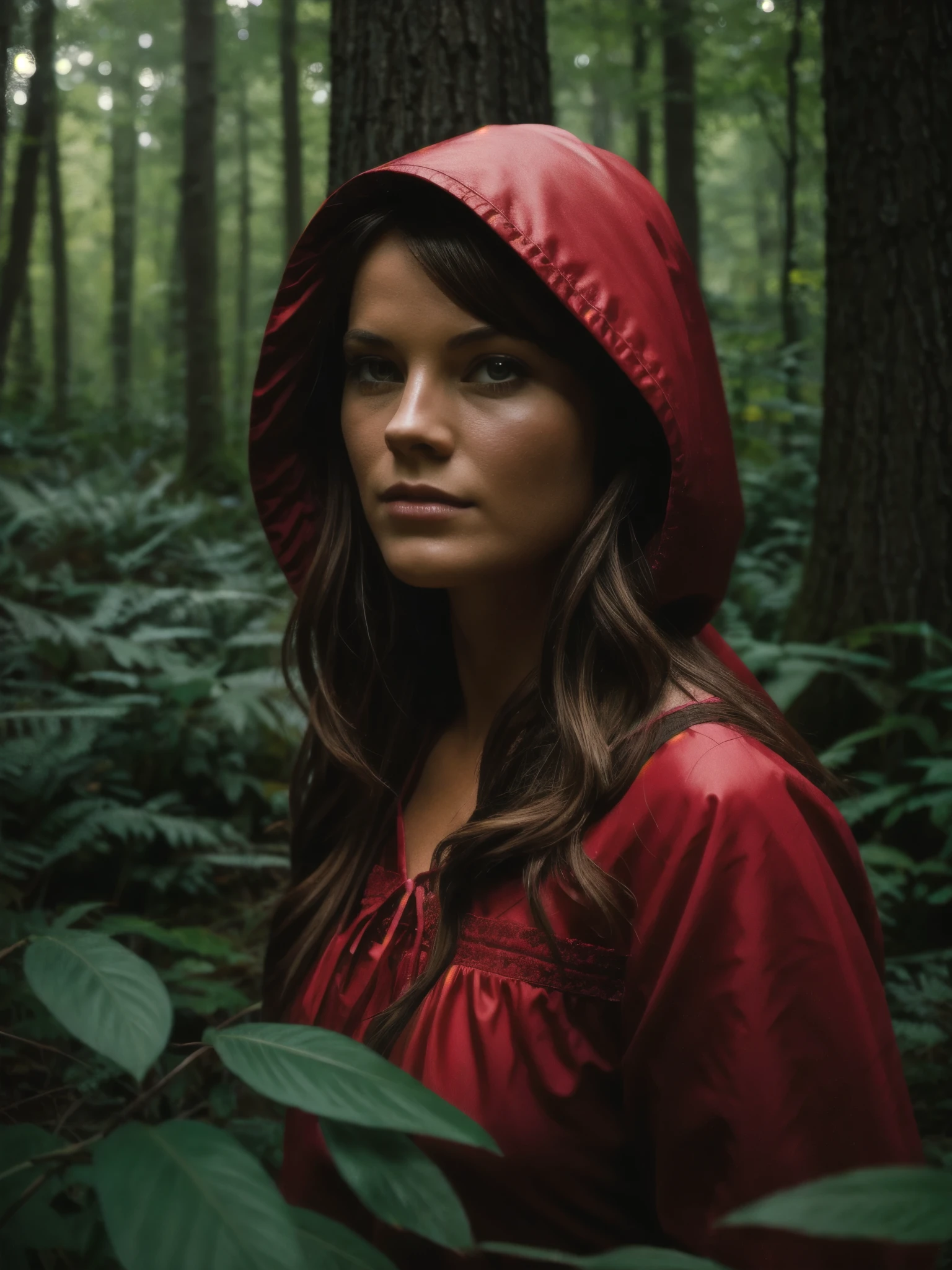 (masterpiece:1.3), highes quality, High quality photo, Little Red Riding Hood weary in the woods, dark,  low-key, RAW photo, subsurface scattering, heavy shadow, (high quality:1.4), (intricate, high detail:1.2), professional photography, realistic, ultra realistic, photorealistic, high resolution, film photography, ambient lighting, atmospheric effects, highly detailed and hyper realistic photo of analog film photo of detailed sharp image