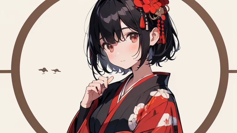 (Detailed and highest quality illustrations:1.2), (pretty girl:1.0), (1 girl, alone:1.0), (black short hair:1.0), (Red kimono:1.0), (Upper body:1.0), (super detailed, High resolution, 4K:1.0),
