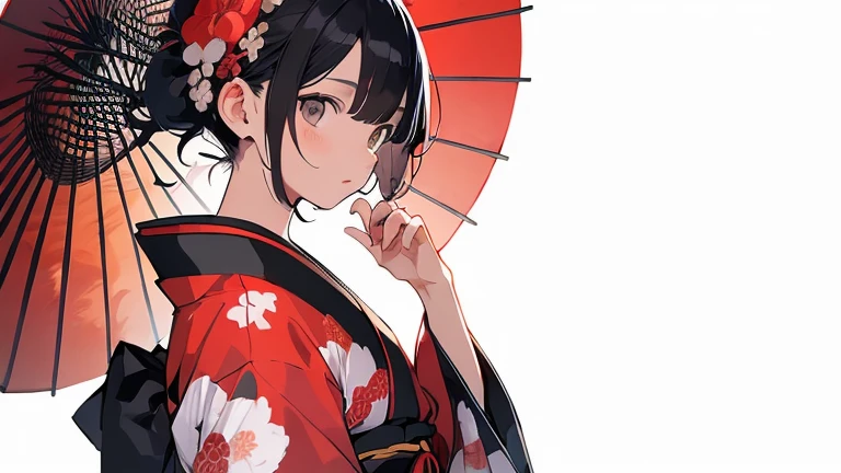 (Detailed and highest quality illustrations:1.2), (pretty girl:1.0), (1 girl, alone:1.0), (black short hair:1.0), (Red kimono:1.0), (Upper body:1.0), (super detailed, High resolution, 4K:1.0),