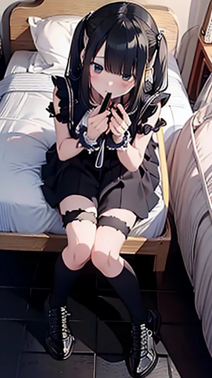 (Highest quality), (masterpiece), 1080P, High resolution, 4K, 8k, Thigh straps, Shooting from directly below, The woman on top of me, Nipples, 白いSweat, Covered , Sweat, Woman looking down, Micro Bikini, Skirt swimsuit, Thigh-high socks, To achieve this, , Small breasts, whole body, Black leather shoes, Braided hair, Inner Color, Embarrassed face, Short black hair, bracelet, Bedroom,celestial body_Vest
