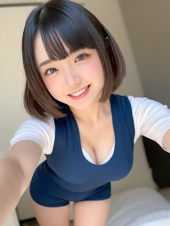 (masterpiece:1.3), (8k、Realistic, RAW Photos, Highest quality:1.2), (alone), (1 girl), (cute:1.3), (Very beautiful 14 year old Japanese girl), nice smile, Red cheeks, (Skin with attention to detail: 1.2), Photorealistic Anime Girl Rendering, Realistic anime 3D style, Beautiful brown bob hair, Intense black eyes, Strong eye highlights, (Accurate and natural large breast size), Perfect Anatomy, Twin Blade , (Bloomers), (Old fashioned sportswear), (White tight short sleeve shirt, Dark blue short tight shorts), Accurate Arm, Five Fingers, Accurate legs, On the bench, get up, Bloomersを見せびらかす, Small area sportswear, Volumetric Lighting, Soft Light, bright, neon, bright色, (heavy chest:1.1, ), huge breasts), (heavy chest:1.1, ),cleavage,
