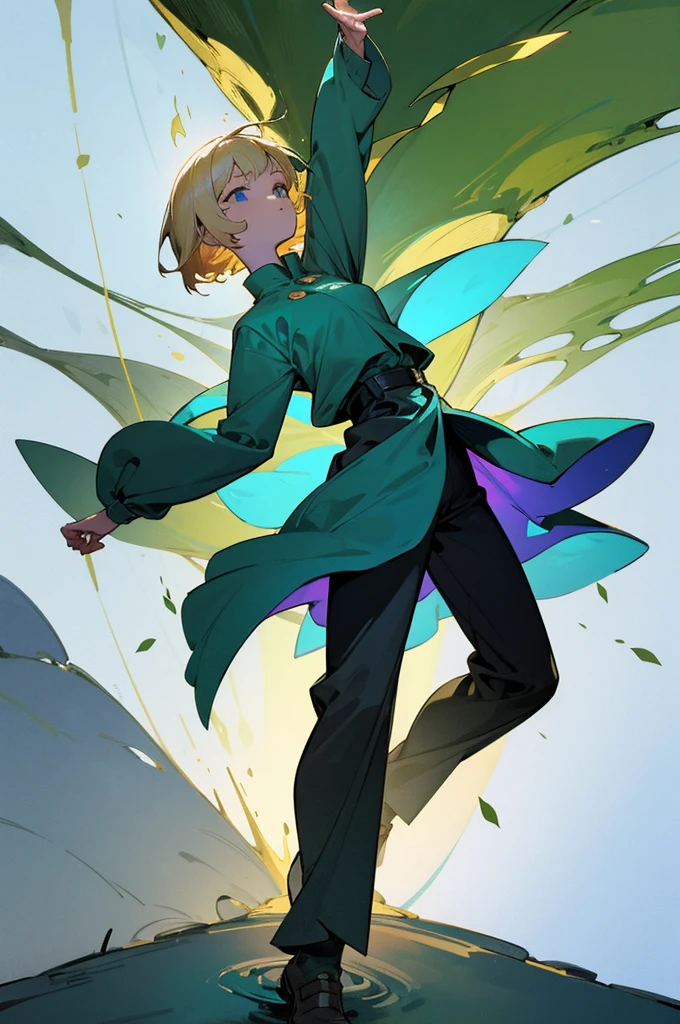 Blonde haired girl with short hair in the forest levitating full body from front with powers