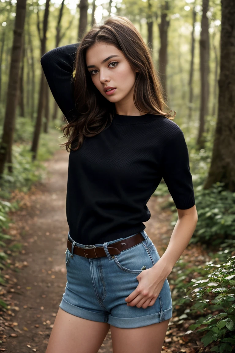 (bestquality,realistic:1.2),(brunette hair:1.1),(French:1.1),(sexy:1.1),(slim figure:1.1),(18 years old:1.1),(handcuffed:1.1),(black short sleeve sweater:1.1),(rolled-up sleeves:1.1),(hands up:1.1),(visible legs:1.1),(open mouth:1.1),illustration,forest,detailed eyes,detailed lips,high definition,professional lighting,vivid color