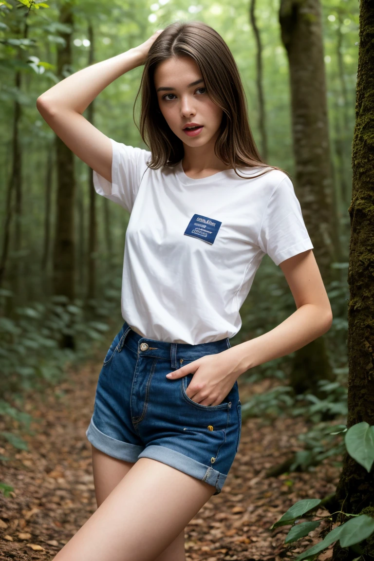(bestquality,realistic:1.2),(brunette hair:1.1),(French:1.1),(sexy:1.1),(slim figure:1.1),(18 years old:1.1),(handcuffed:1.1),(short sleeve shirt:1.1),(rolled-up sleeves:1.1),(hands up:1.1),(visible legs:1.1),(open mouth:1.1),illustration,forest,detailed eyes,detailed lips,high definition,professional lighting,vivid color