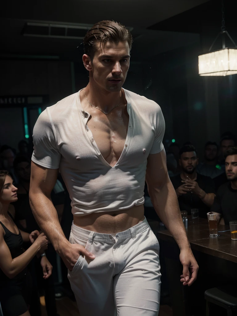 tall, athletic man, with a slightly unbuttoned white shirt that revealed a muscular torso, in a nightclub (best quality,4k,8k,highres,masterpiece:1.2),ultra-detailed,(realistic,photorealistic,photo-realistic:1.37), dramatic lighting, neon club lights, atmospheric smoke, blurred background, elegant pose, confident expression, dancing, at the pub.