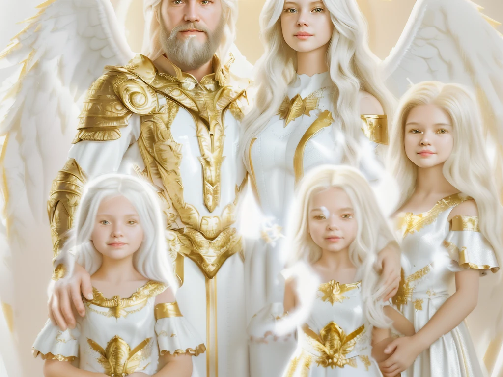 Photorealistic 3D Family portrait (Parents and 3 girls): Angels One Man white hair and beard and One Woman Blonde hair, In white and gold ceramic armor, Standing behind Angel twin girls in white and gold dress, And one older girl in white and gold dress, Brown long hair.