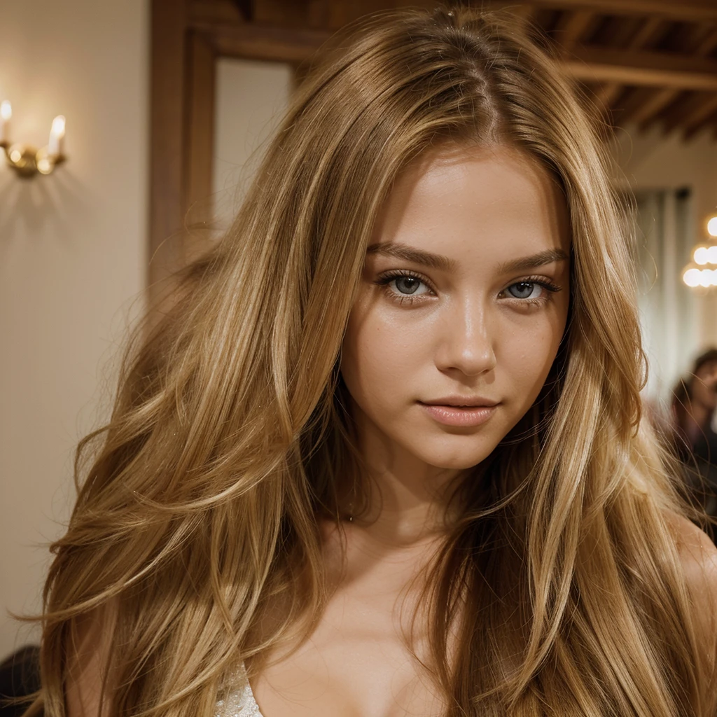 Vibrant, high-resolution portrait of a woman with beautiful long blonde hair, styled straight and falling just behind her shoulders. She has brown eyes. She is at a party, she has a unique beauty, a calm and confident face, makes the image very realistic