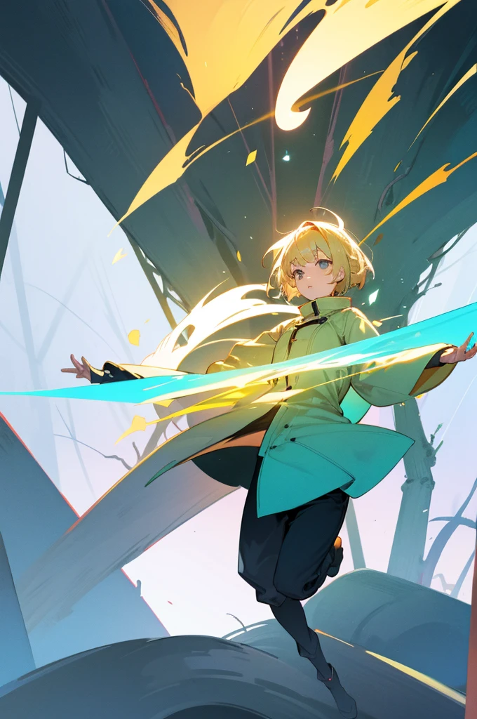 Blonde haired girl with short hair in the forest levitating full body from front with powers