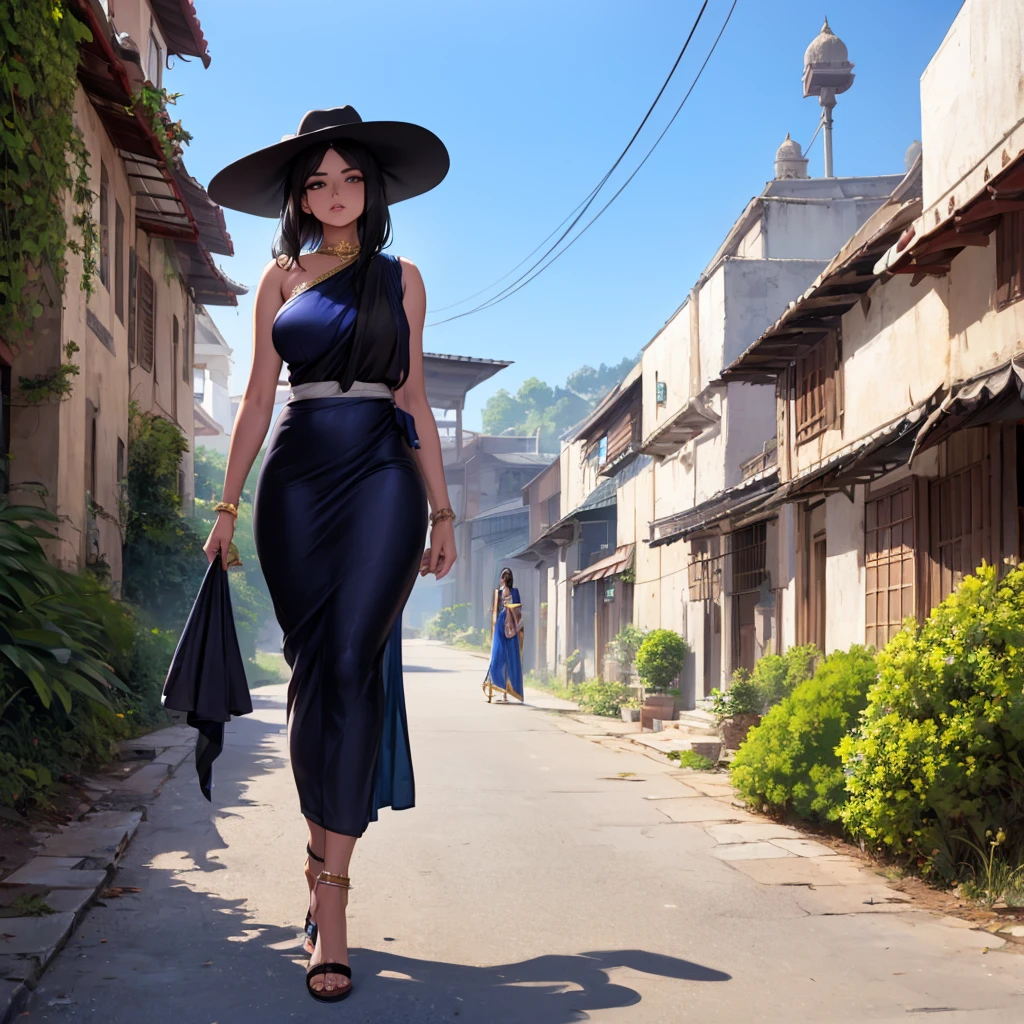 An 30 year old black haired Indian woman MILF wearing a saree, sleeveless blouse, black high heels sandal, hair, casual black hat, exposed thigh, full body, walking on a sidewalk overlooking India, blue sky with clouds,(solo woman), HDR, ultra resolution, sharp, masterpiece, 8K HD
