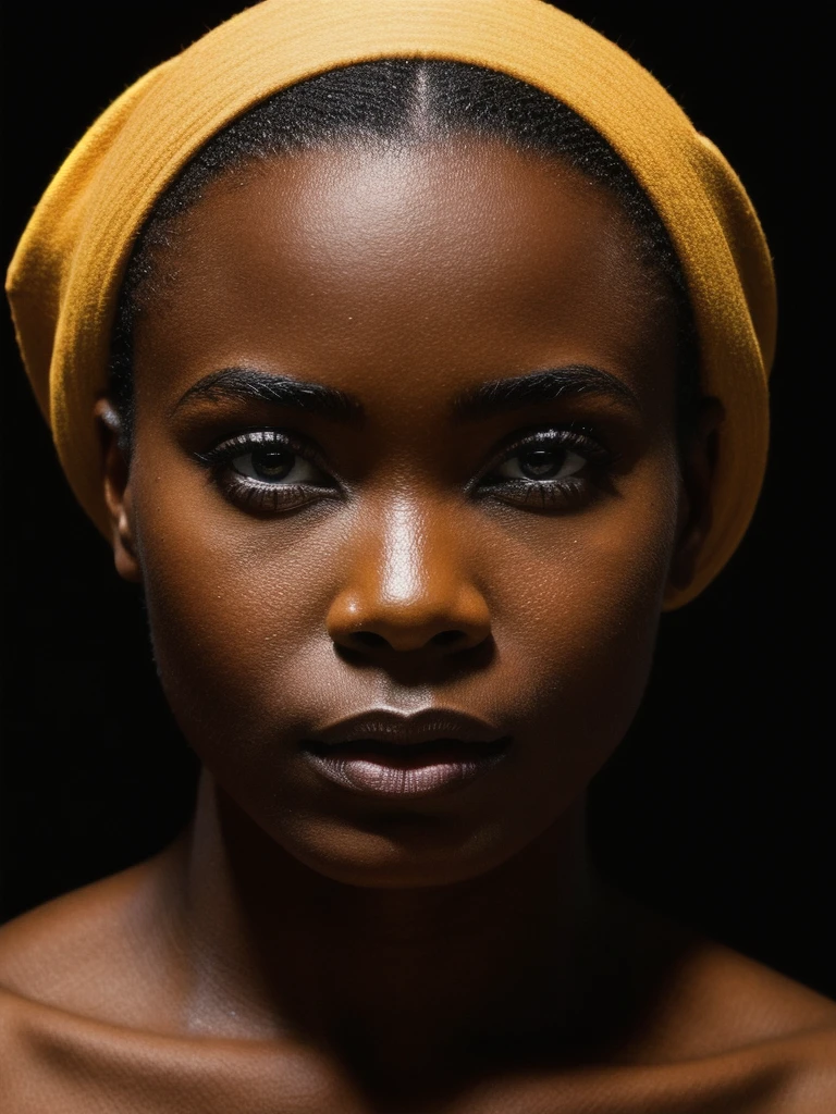 stunning artwork,
80s portrait of a 1980s, Ebony female, symmetrical african female portrait, beautiful makeup, full tattooed, black background, side soft light, highly detailed, melancholic, masterpiece Photography in the style of Oleg Dou, soft light hyper clean photography, (((Oleg Dou photography style)))