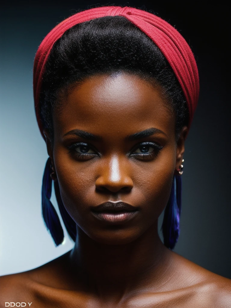 stunning artwork,
80s portrait of a 1980s, Ebony female, symmetrical african female portrait, beautiful makeup, full tattooed, black background, side soft light, highly detailed, melancholic, masterpiece Photography in the style of Oleg Dou, soft light hyper clean photography, (((Oleg Dou photography style)))
