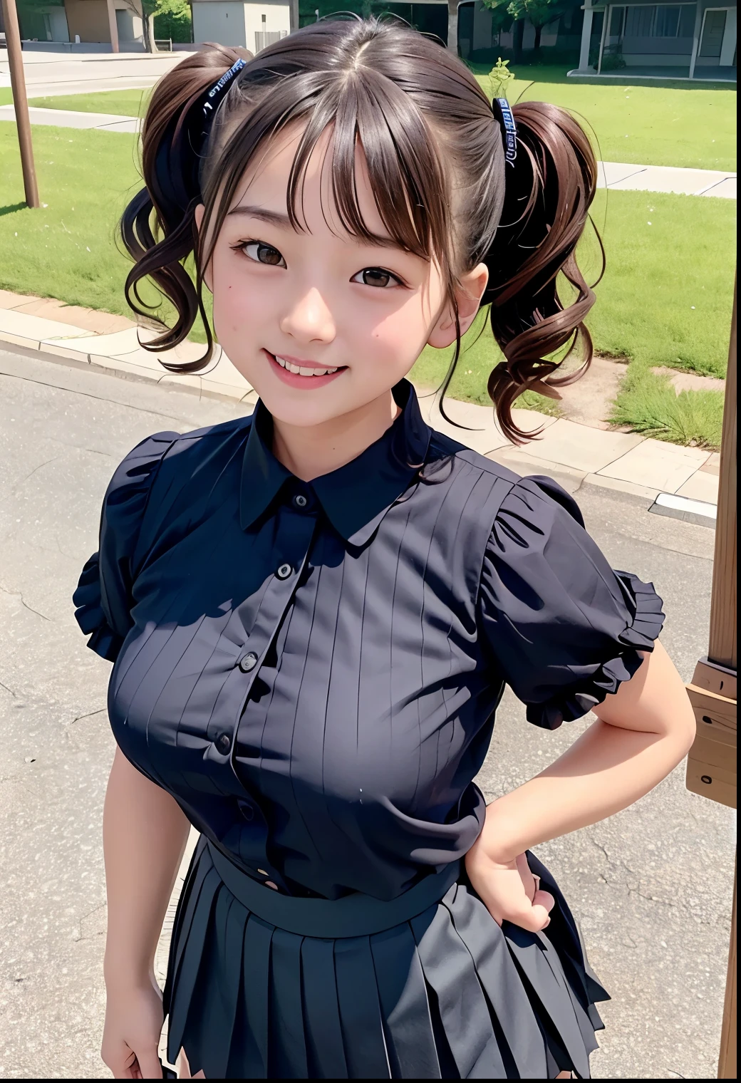 (Highest quality,masterpiece:1.3,Ultra-high resolution),(Very detailed、Caustics) (Realistic:1.4, RAW shooting、)Ultra-Realistic Capture、Very detailed、Natural skin texture、masterpiece、(A Japanese girl wearing a black blouse and pleated skirt:1.3)、Adorable expression、Expressions of happiness、10 years old、heigby Face、Pure girl、Amazinglyn tail hairly Hair、ribbon、Black Hair、Large Breasts、Shining thighs、Shining ass、necklace、Sidewalk in a residential area、Background details、smile、An inviting gaze、(Anatomically correct)、Cowboy Shot、Attention to detail、