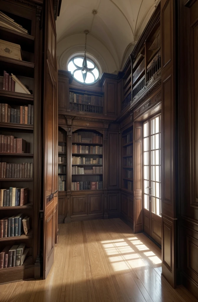 uma foto tirada de dentro de uma bookcase mágica infinita e exotic, fund de bookcase gigante, infinite books, arte de fund de アニメ, bookcase empoeirada, cave of books, fund = bookcase, fund de bookcase de alquimista, bookcase de babel, books everywhere, em uma bookcase mágica infinita exotic, full of books, arte conceitual da bookcase de ruina, lots of curves and paths, ((A bookcase tem um caminho principal, with occasional intersections branching left and right)), bookcase de fantasia japonesa full of books de arte, exotic, sun rays shining from the left, ângulo de câmera cinematographic, Low camera position, Depth of field, cozily, Aesthetic, no humans in the scene, bookcase infinita, medieval fantasy, exotic books, ((bookcase gigante com corredor muito longo, the corridor has no visible end), (high qualiy), ângulo de câmera cinematographic, expressive lighting, Mountains in the distance, imagem de アニメ cinematographic, not sam yang style, アニメ, digitl art, cinematographic, cinematic lighting, high resolution, 8k