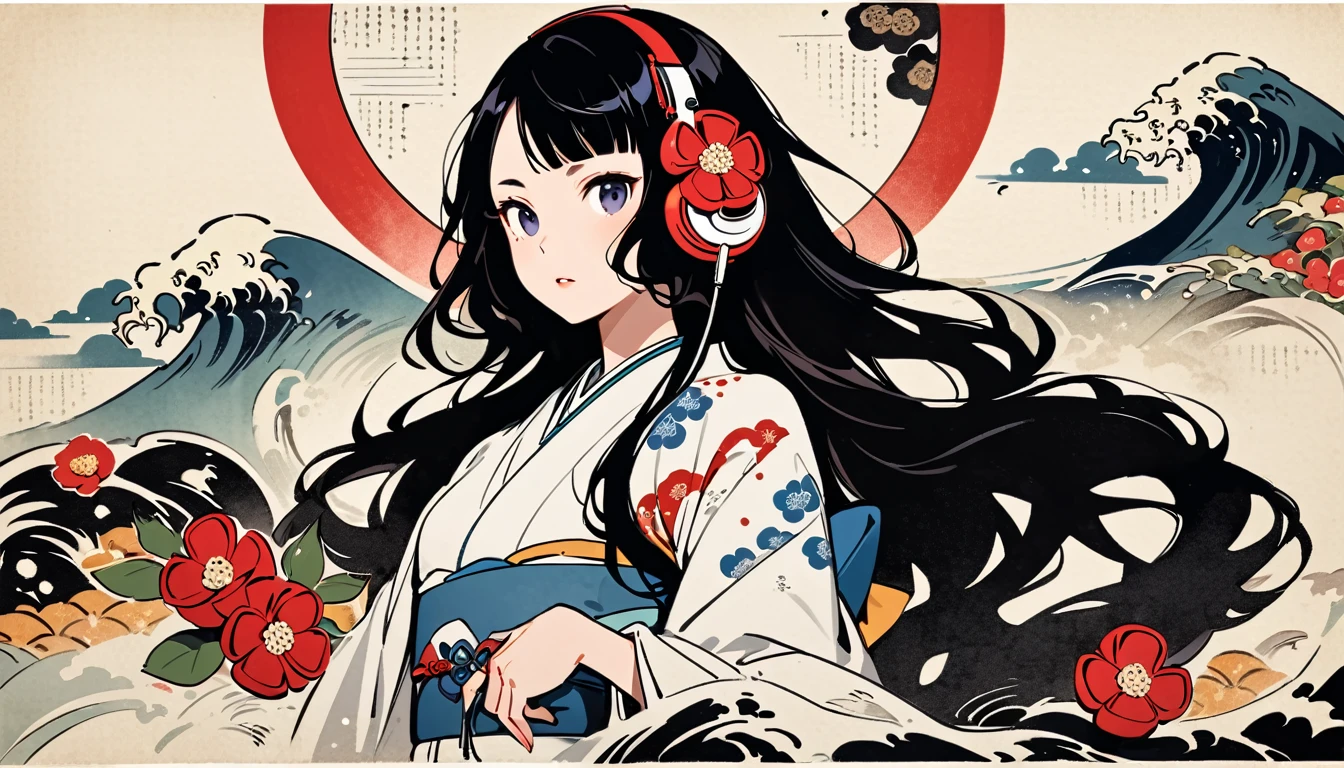 Highest quality, Katsushika Hokusai, Ink Painting, (((longhair))), (((White kimono))), Japanese style headphones, camellia, beautiful girl, Black Hair, Delicate and precise, Modern ukiyo-e style,