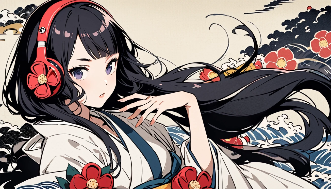 Highest quality, Katsushika Hokusai, Ink Painting, (((longhair))), (((White kimono))), Japanese style headphones, camellia, beautiful girl, Black Hair, Delicate and precise, Modern ukiyo-e style,