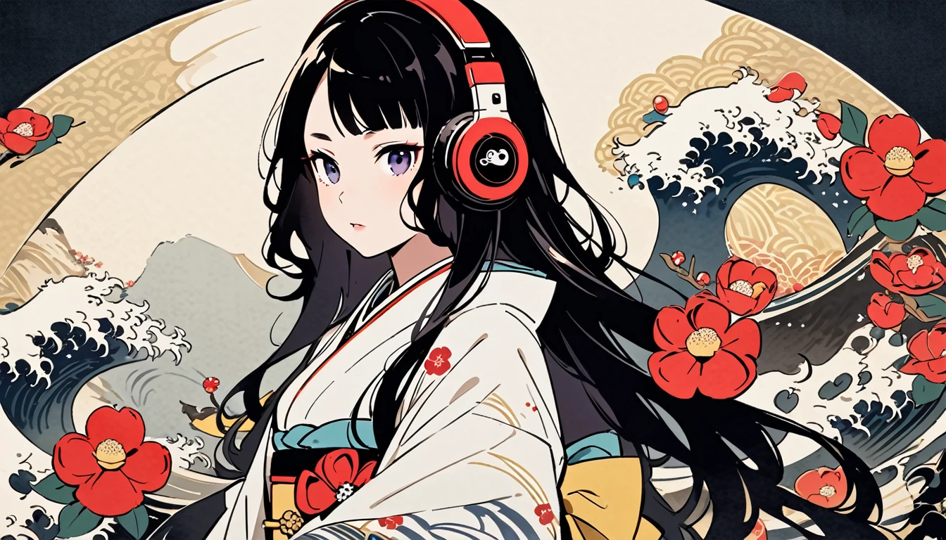 Highest quality, Katsushika Hokusai, Ink Painting, (((longhair))), (((White kimono))), Japanese style headphones, camellia, beautiful girl, Black Hair, Delicate and precise, Modern ukiyo-e style,