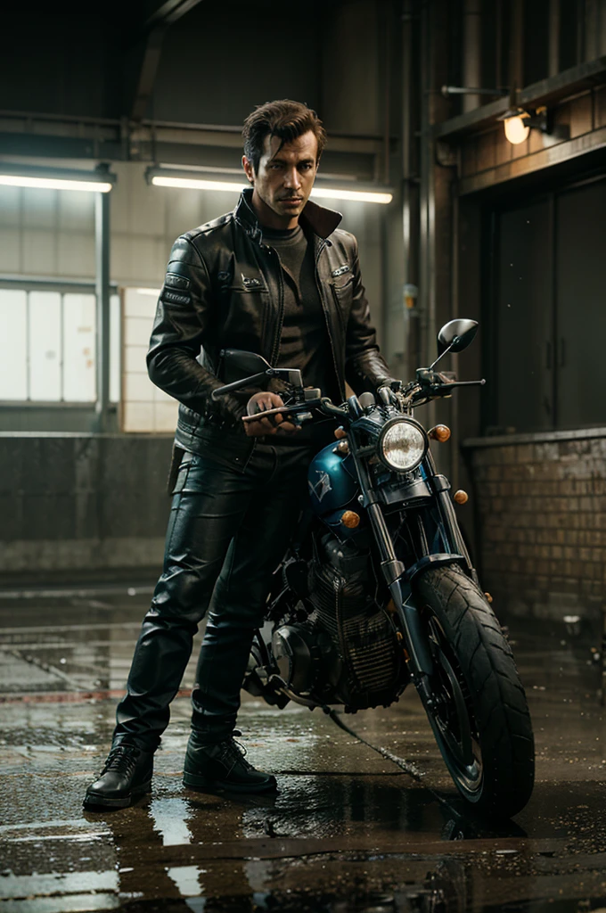 arafed man leaning on a motorcycle on a wet track, Game CG, realistic art style, Akihiko Yoshida. Unreal Engine, Wojtek FUS, Senna in League of Legends, 8k artistic german bokeh, Octane Association, Kojima De Ami, Akira Hon, Rostland 8K, motorcycle, Motorcycle Hands, realistic art style
