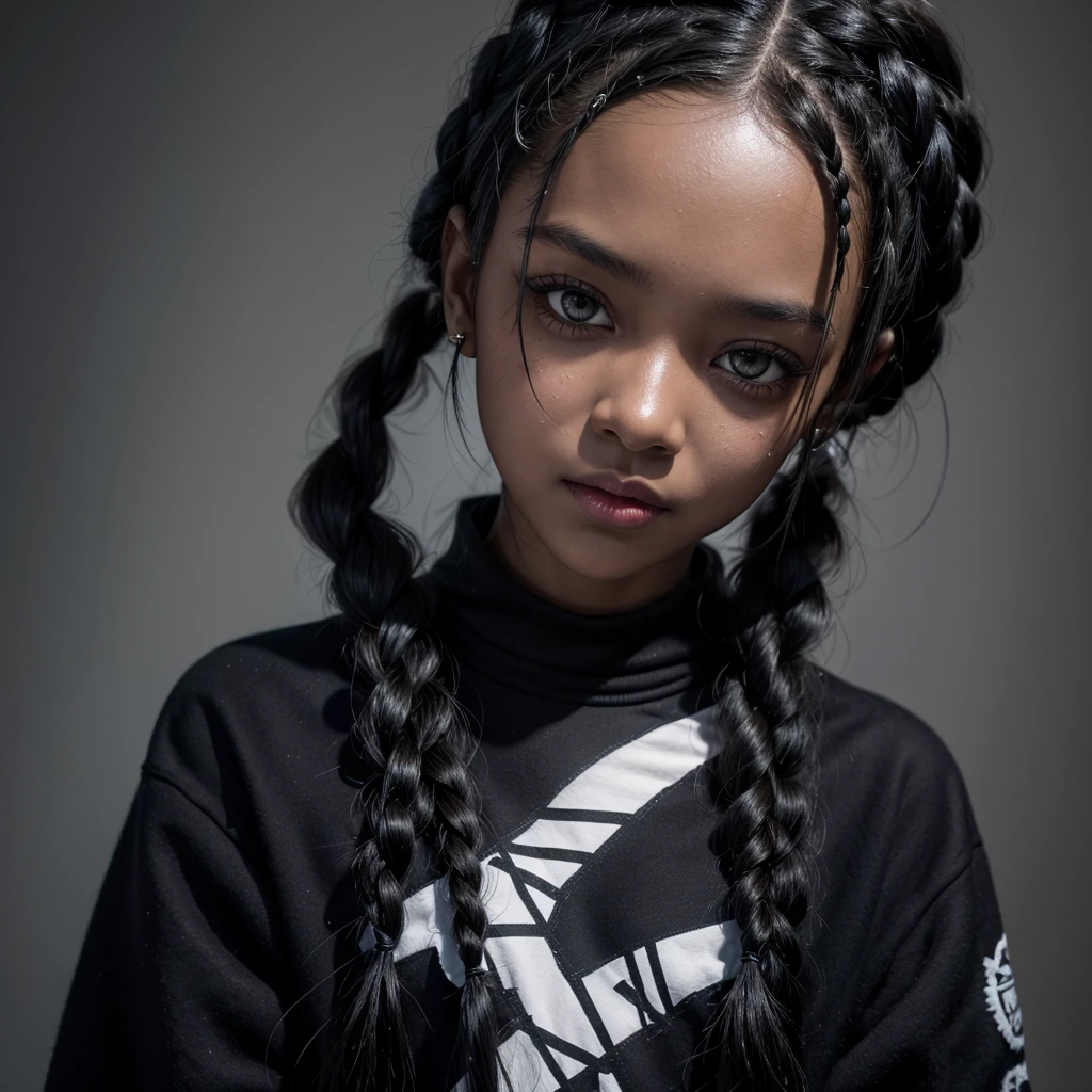 (only one character.) Woman with dark skin tone, black shark-like eyes and close (pointed) teeth, black hair in various braids and threads that decorate her braids in crosses. Punk clothing and her bass slung over her shoulder.
