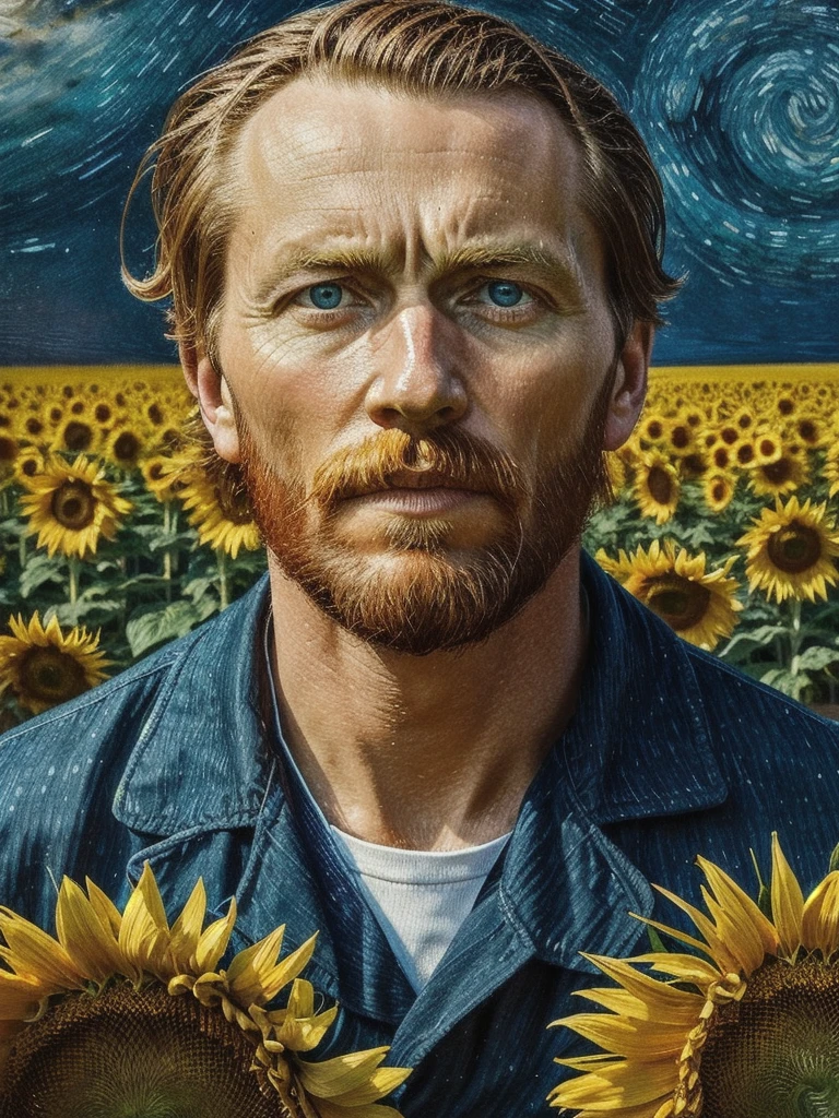 A mesmerizing close-up raw editorial photograph of Vincent Van Gogh seated in a field, capturing the essence of the legendary artist in deep contemplation. The background showcases a swirling, starry night sky reminiscent of "Starry Night” while the scent of sunflowers fills the air, evoking the presence of the iconic flowers themselves. This captivating portrait combines vibrant colors and rich detail to create a sensory experience that transports the viewer into the world of Van Gogh., portrait photography, photo, vibrant, his eyes are intense, with a deep gaze, and the overall mood of the image is vibrant and dramatic.