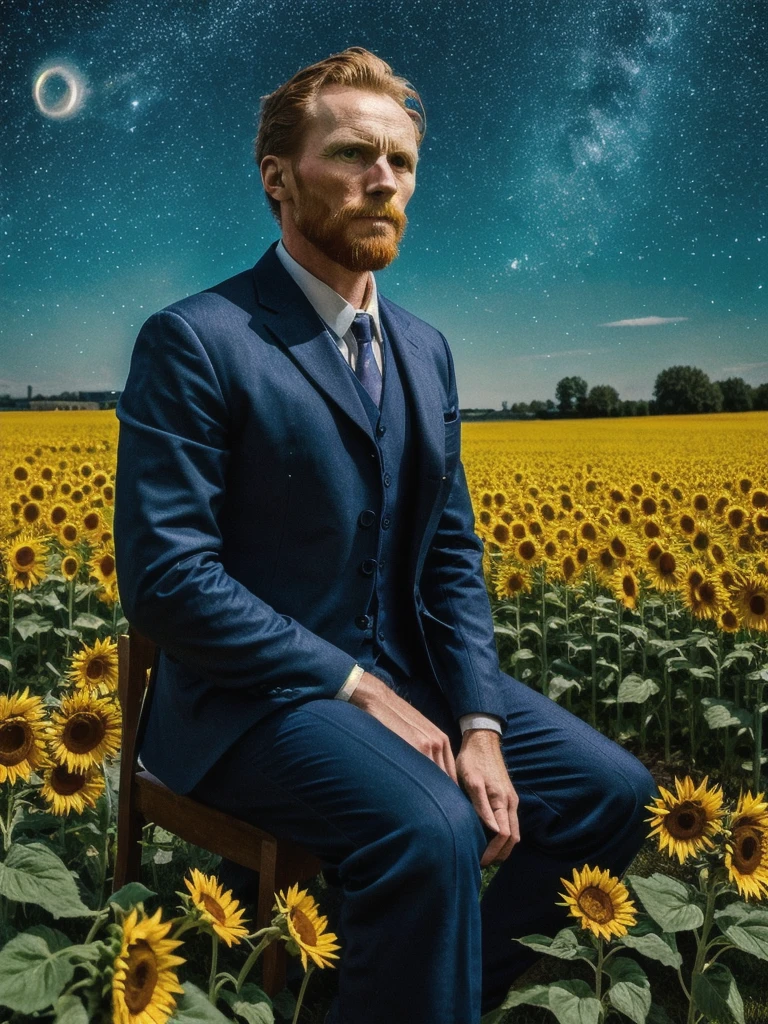 A mesmerizing close-up raw editorial photograph of Vincent Van Gogh seated in a field, capturing the essence of the legendary artist in deep contemplation. The background showcases a swirling, starry night sky reminiscent of "Starry Night” while the scent of sunflowers fills the air, evoking the presence of the iconic flowers themselves. This captivating portrait combines vibrant colors and rich detail to create a sensory experience that transports the viewer into the world of Van Gogh., portrait photography, photo, vibrant, his eyes are intense, with a deep gaze, and the overall mood of the image is vibrant and dramatic.