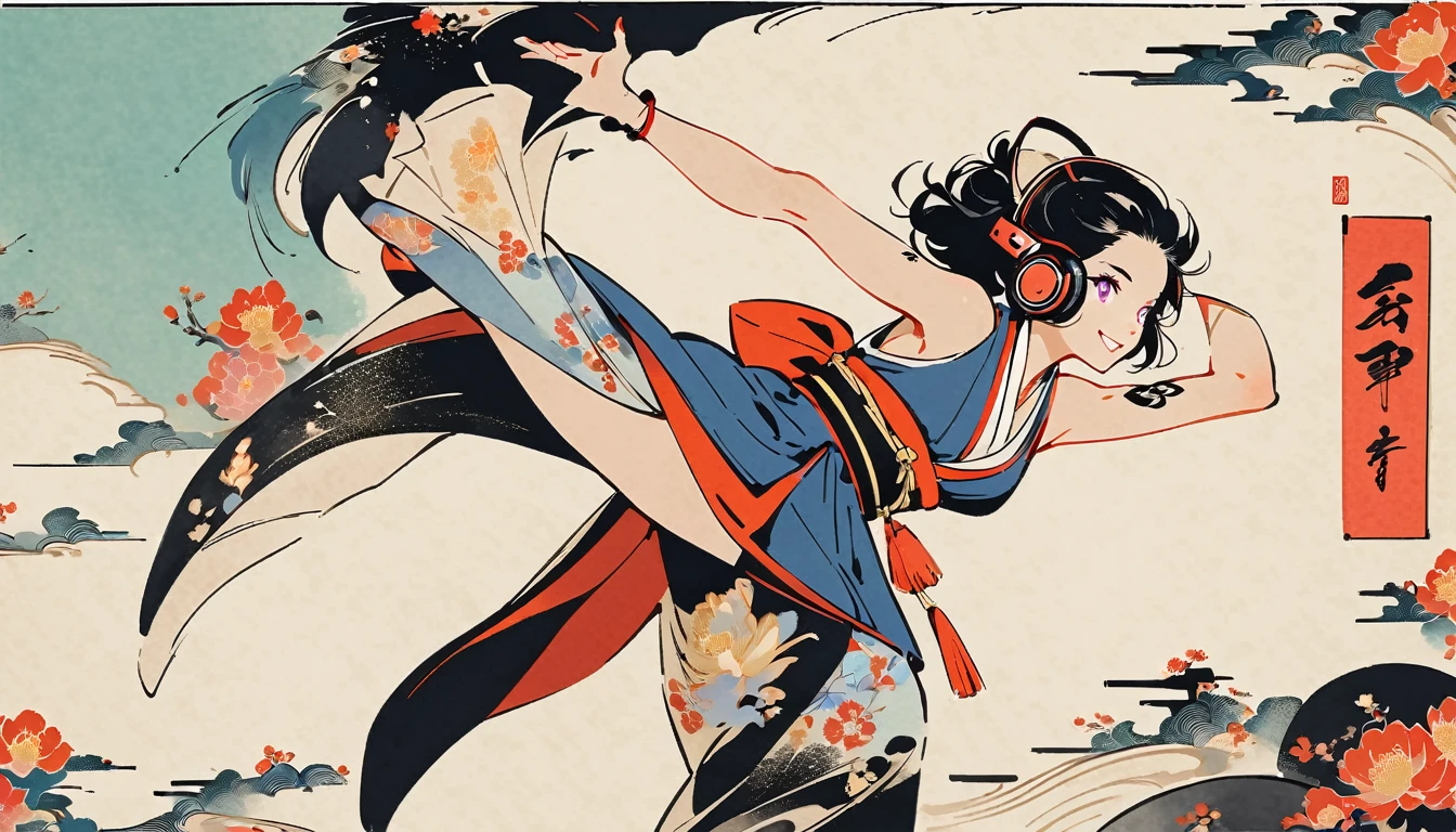 whole body, dance, Purple Eyes, Ink Painting, 1 girl, tattoo, Japanese style headphones, beautiful girl, Black Hair, smile, Delicate and precise, Modern ukiyo-e style, Multicolored background
