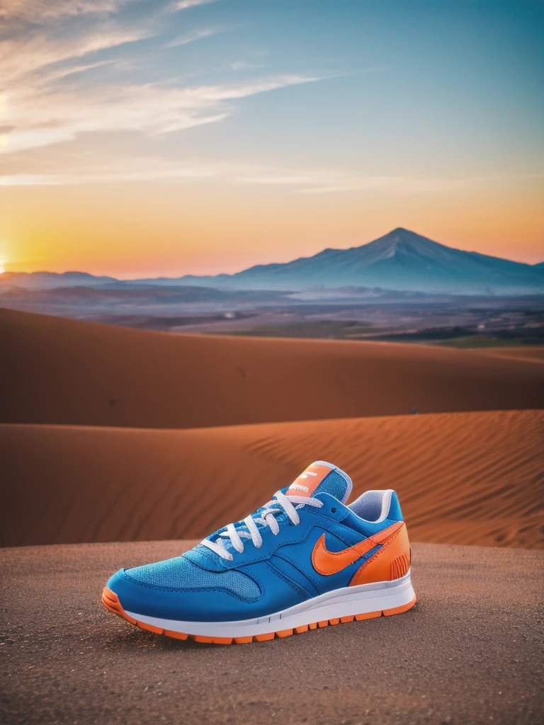8k, RAW Editorial Photo, 
"Sunrise Surprise": Photograph colorful sneakers with warm orange and cool blue dual-color grading. Use a Nikon Z7 and a 35mm f/1.4 lens to capture the vibrant hues during sunrise. Natural lighting will create an energetic and playful atmosphere.