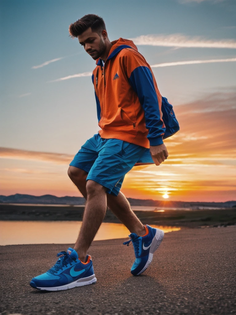 8k, RAW Editorial Photo, 
"Sunrise Surprise": Photograph colorful sneakers with warm orange and cool blue dual-color grading. Use a Nikon Z7 and a 35mm f/1.4 lens to capture the vibrant hues during sunrise. Natural lighting will create an energetic and playful atmosphere.