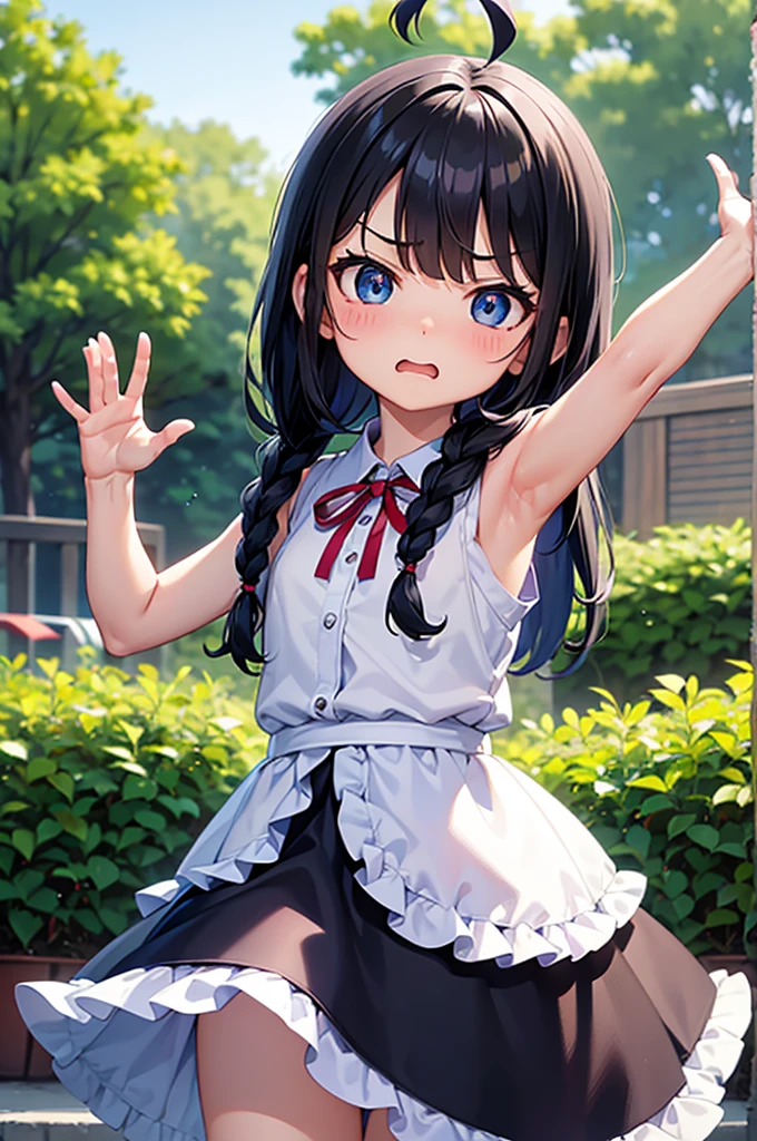 Highest quality、High resolution、Detailed Background、Beautiful face in every detail、Anatomically correct、Detailed facial expressions、fine grain、One Girl、Black Hair、beautiful clear big blue eyes、Braided Bob、Chibi Girl、primary school, A childlike, brightly colored sleeveless shirt with frills、garden、((arm up in the air and waving:1.2)), Nothing in my hands、Very angry face、Glaring at the audience、I have a lot of tears in my eyes、I am going to cry、Screaming with open mouth、(Close-up of the mouth)