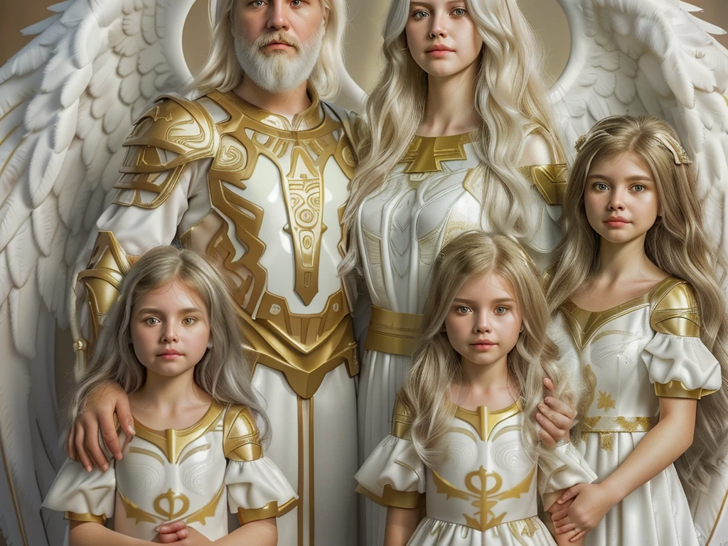 Photorealistic 3D Family portrait (Parents and 3 girls): Angels One Man white hair and beard and One Woman Blonde hair, In white and gold ceramic armor, Standing behind Angel twin girls in white and gold dress, And one older girl in white and gold dress, Brown long hair.