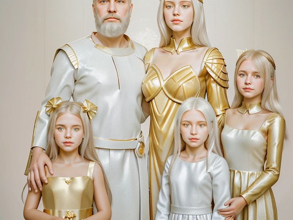 Photorealistic 3D Family portrait (Parents and 3 girls): Angels One Man white hair and beard and One Woman Blonde hair, In white and gold ceramic armor, Standing behind Angel twin girls in white and gold dress, And one older girl in white and gold dress, Brown long hair.