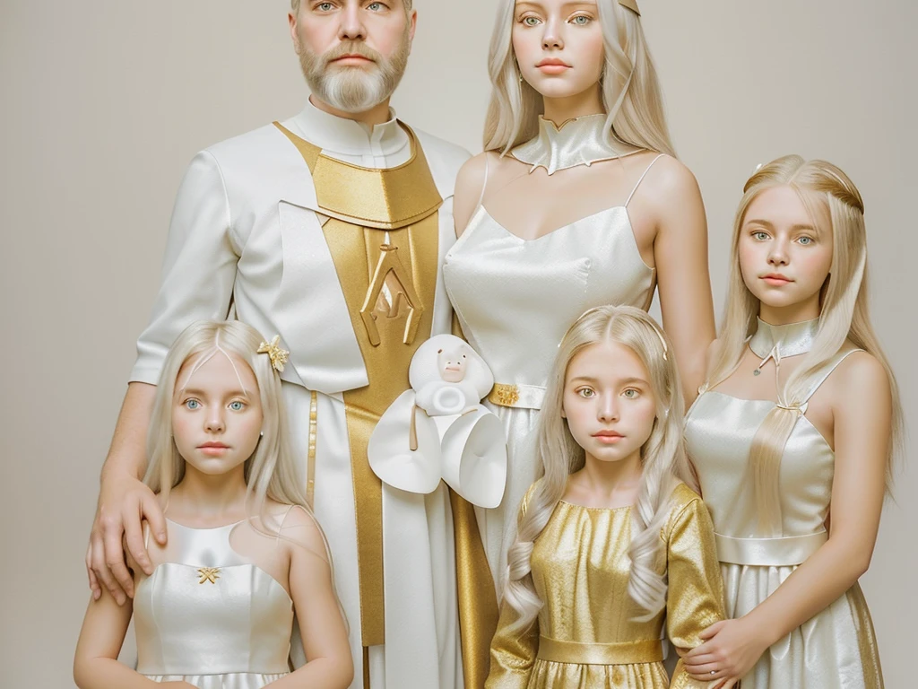 Photorealistic 3D Family portrait (Parents and 3 girls): Angels One Man white hair and beard and One Woman Blonde hair, In white and gold ceramic armor, Standing behind Angel twin girls in white and gold dress, And one older girl in white and gold dress, Brown long hair.