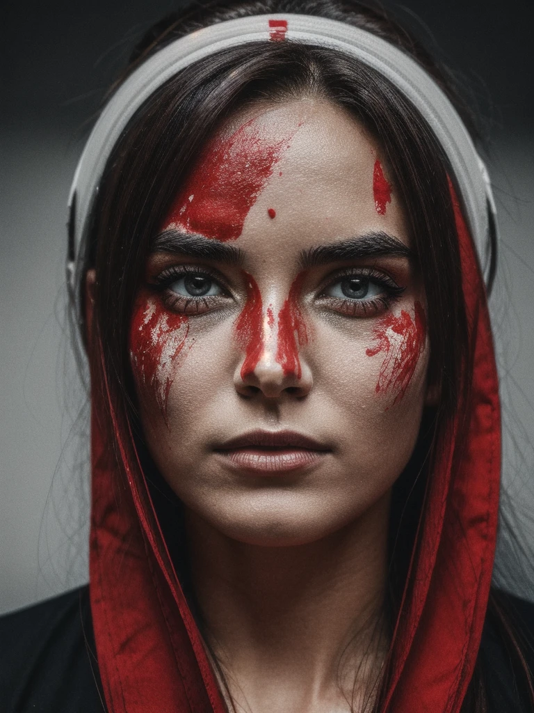 A close-up of a woman’s face, seemingly painted with a mixture of white, black, and red paint. The paint appears to be thick and smeared in various places, especially around the eyes and mouth. The eyes are intense, with a deep gaze, and the overall mood of the image is dark and dramatic.